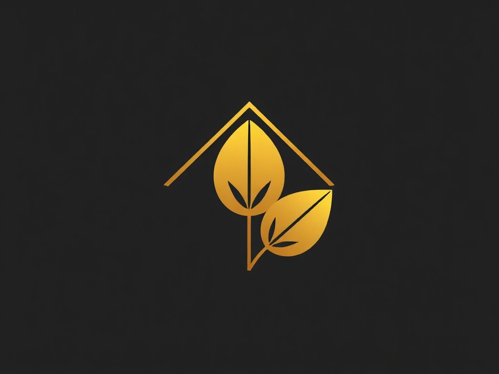 Minimalist icon combining a stylized house and leaf, clean lines, gold and dark gray gradients, geometric and modern, suitable for branding, 8k render